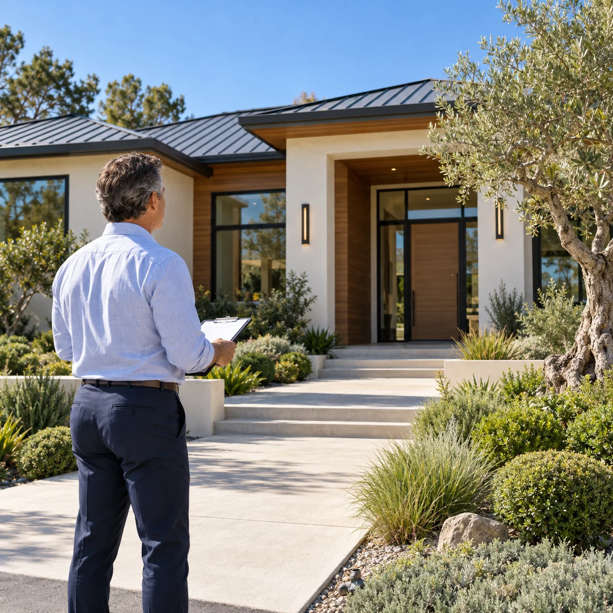 Appraiser holding a clipboard while observing a residential property.