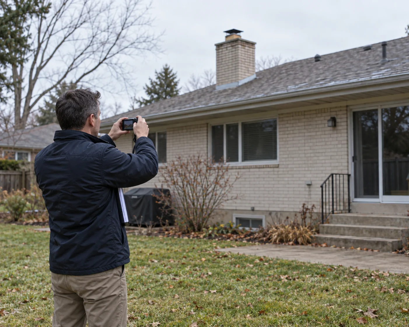 Appraiser photographing a home's rear elevation from the yard