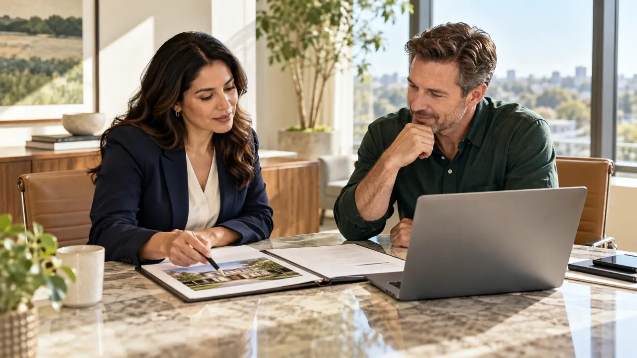 Two professionals discussing property documents at a conference table