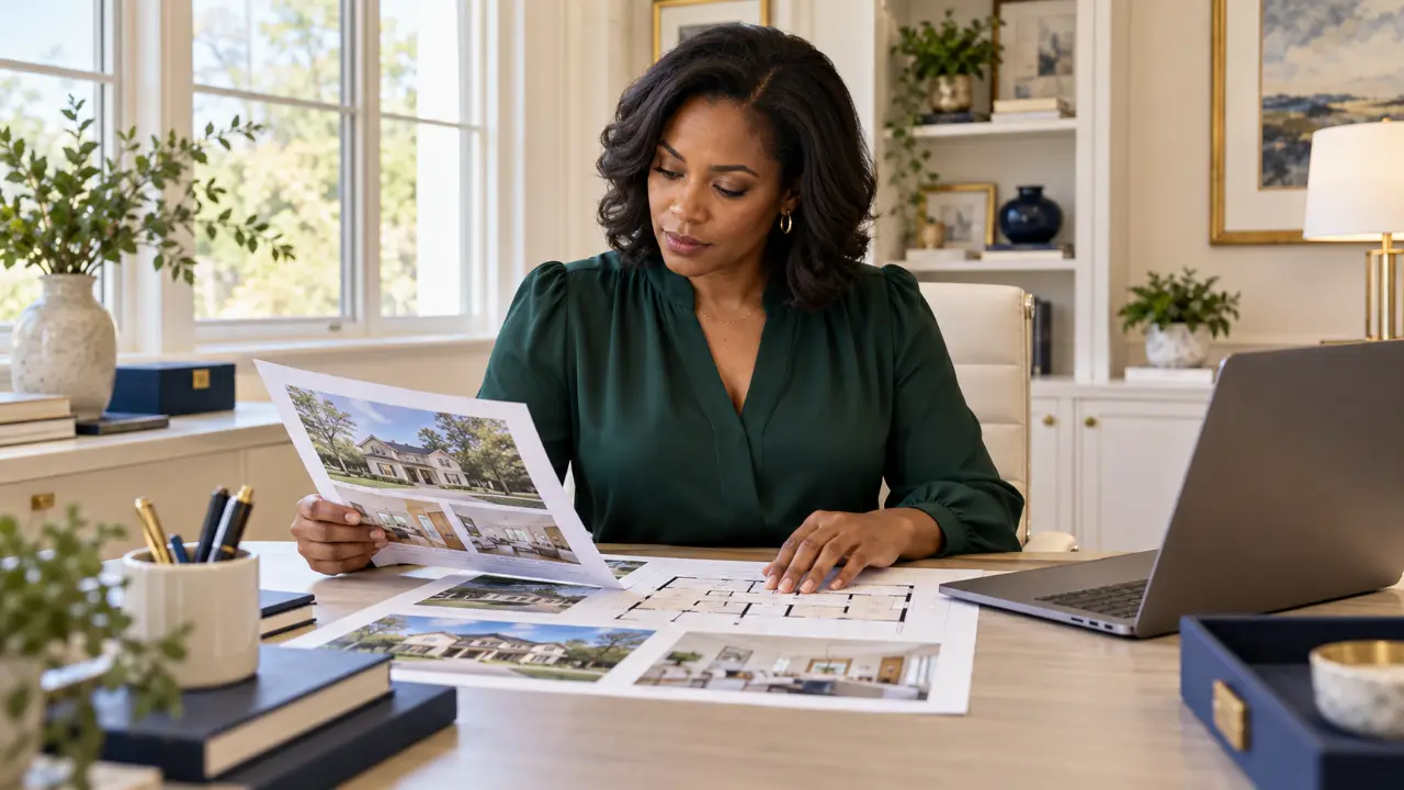 Reviewer comparing property photographs and a floor plan