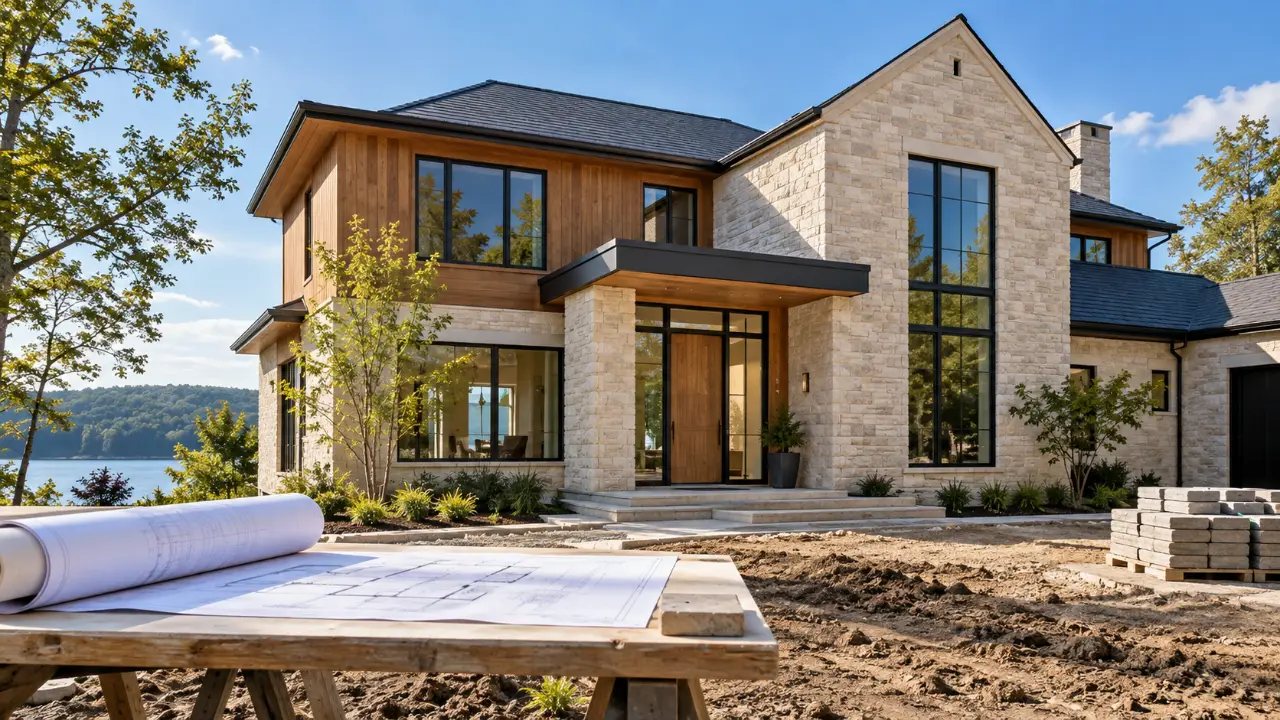 Nearly completed home with construction plans and unfinished landscaping