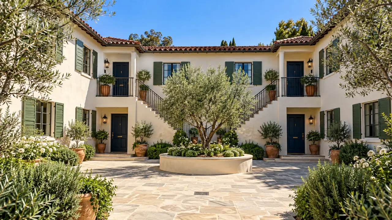 Four-unit residential property surrounding a landscaped courtyard