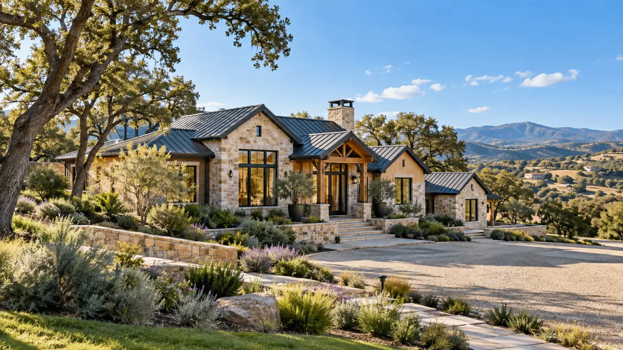 Stone and timber rural home overlooking wooded foothills