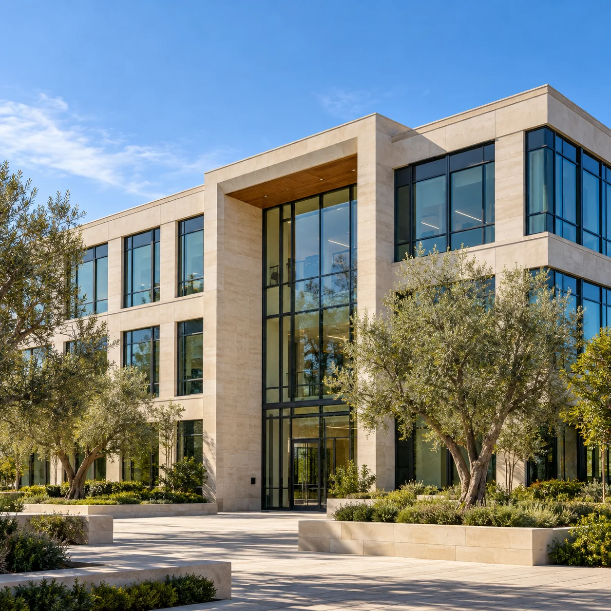 Three-storey stone and glass office building with a double-height entrance and olive trees