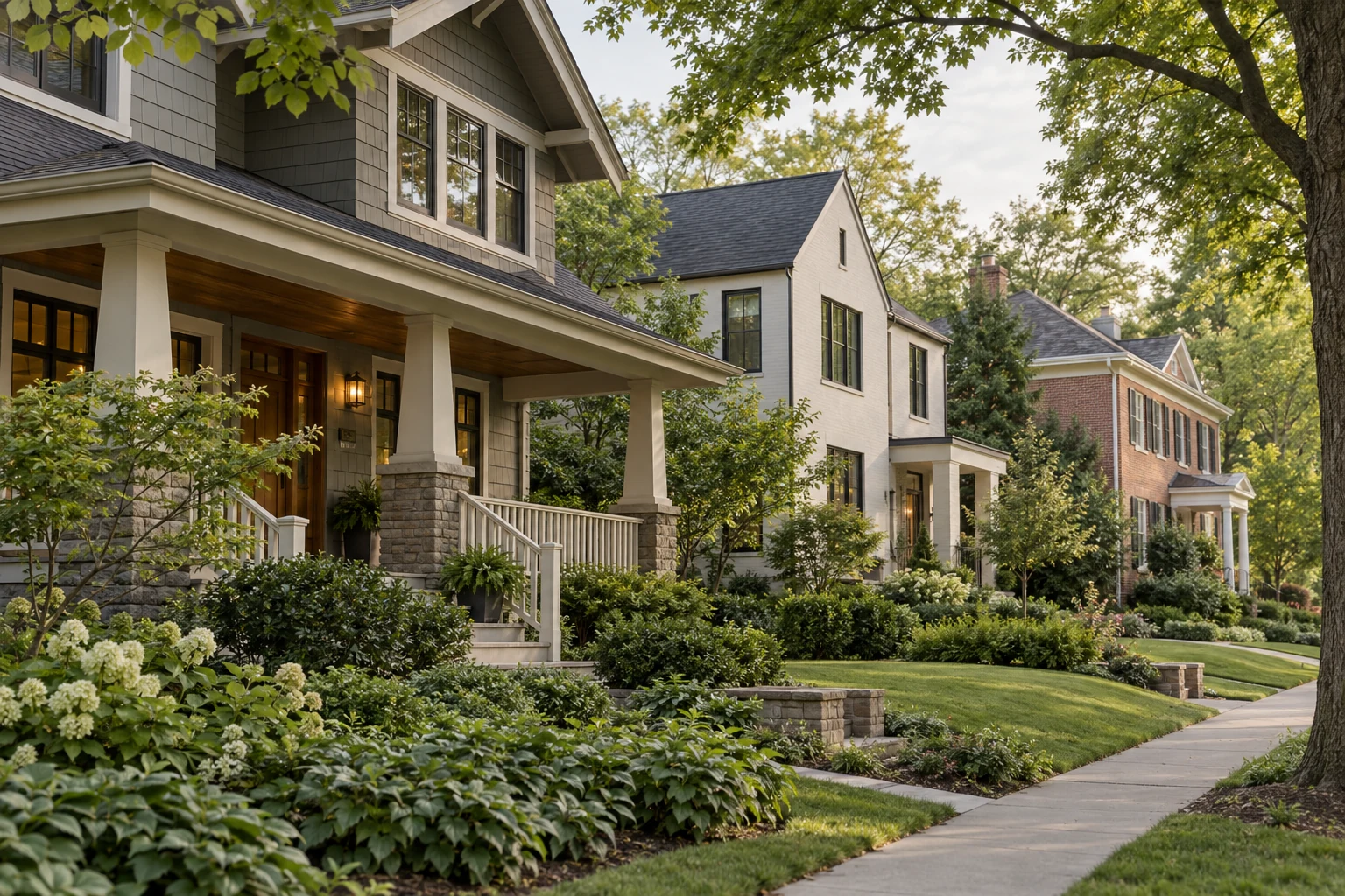 Different styles of homes along a tree-lined street