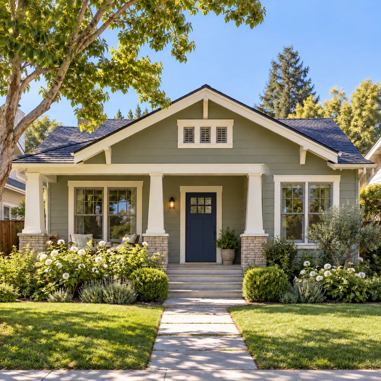 Sage-green Craftsman bungalow with a navy front door, tapered porch columns and a straight front walk