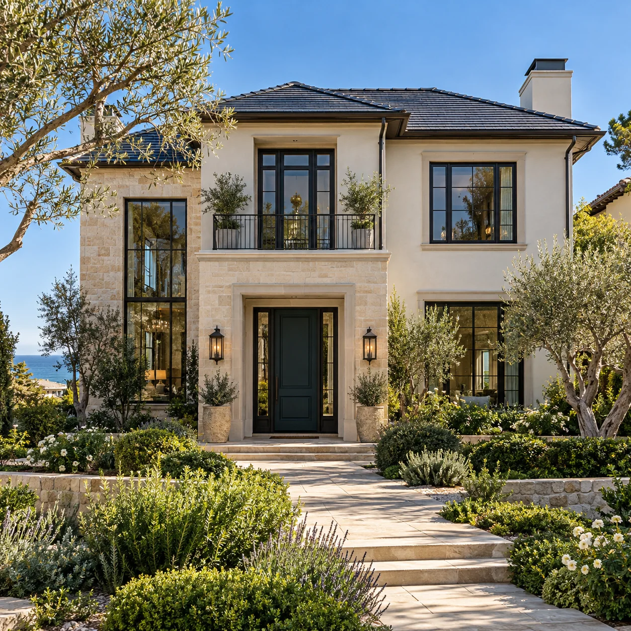Two-storey stone and stucco home with black-framed windows, olive trees and a stepped garden path