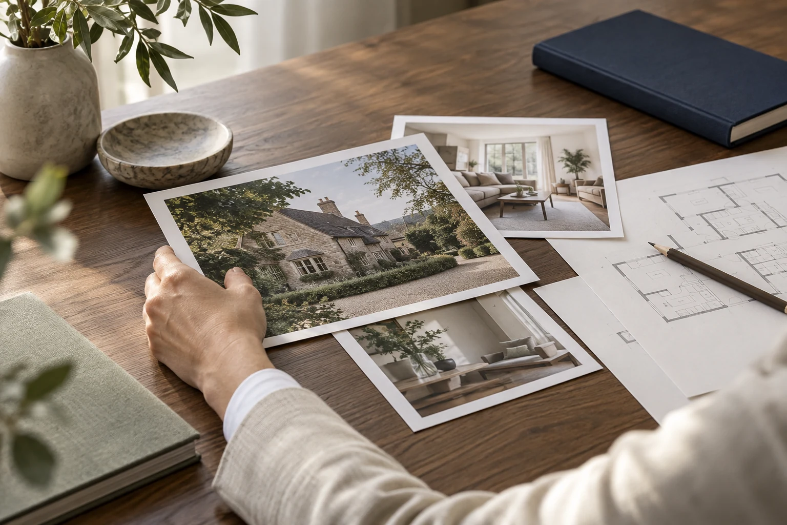 Property photographs and floor plan being reviewed at a desk