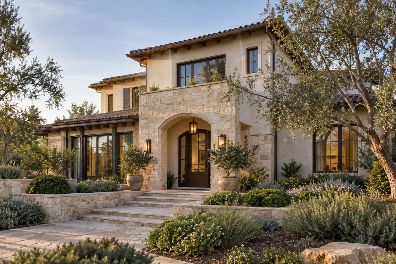 Stone and stucco home with landscaped grounds