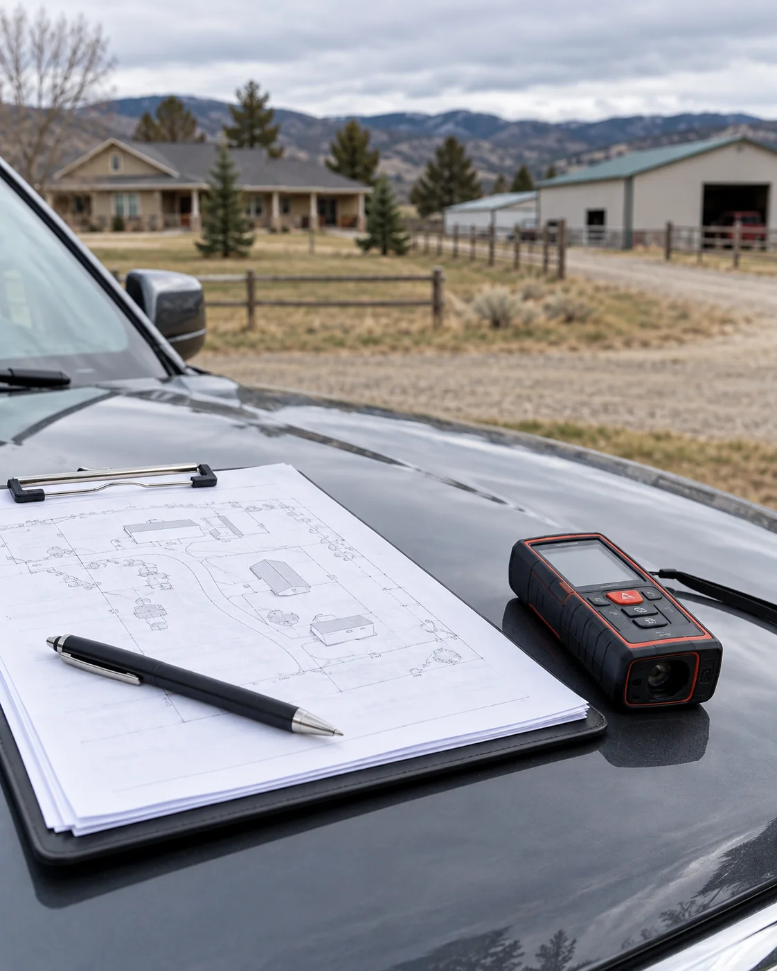 Clipboard and distance meter with a rural property behind