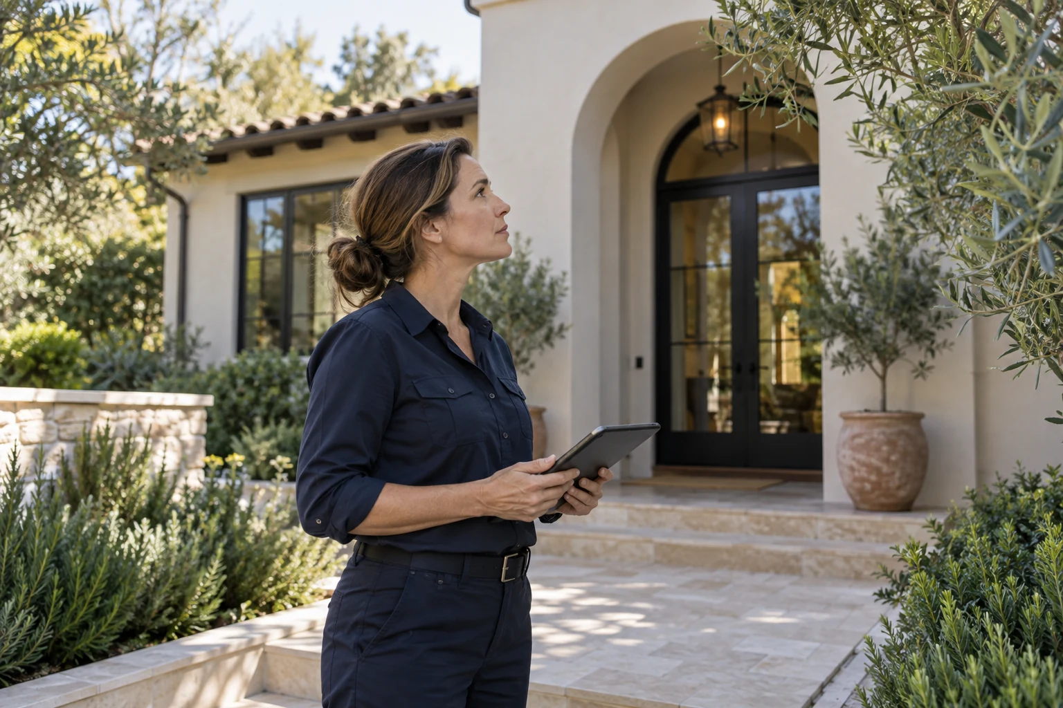 Appraiser reviewing a tablet outside a home